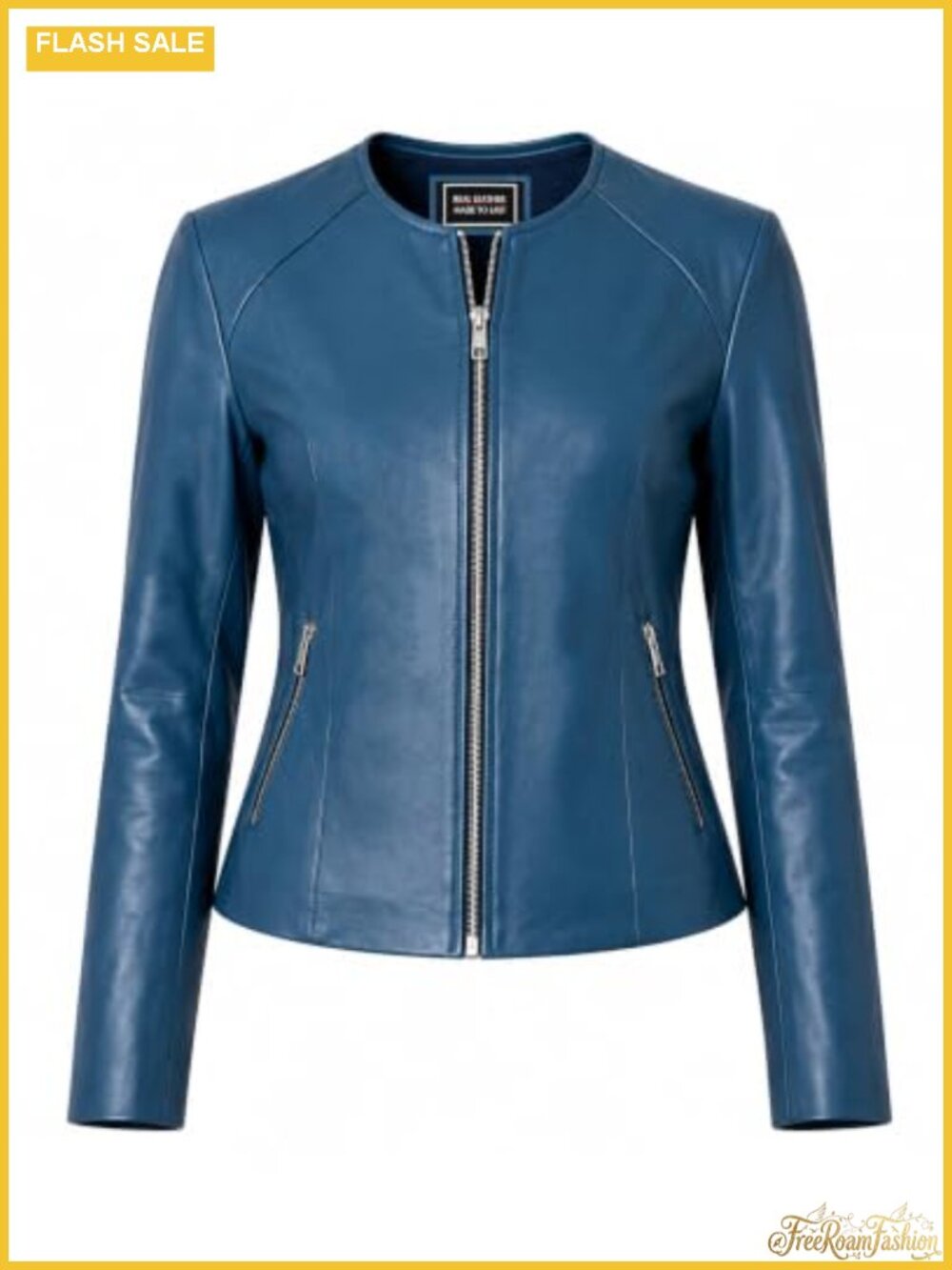 Lambskin Leather Jacket Women Collarless Round Neck Zip Moto Casual